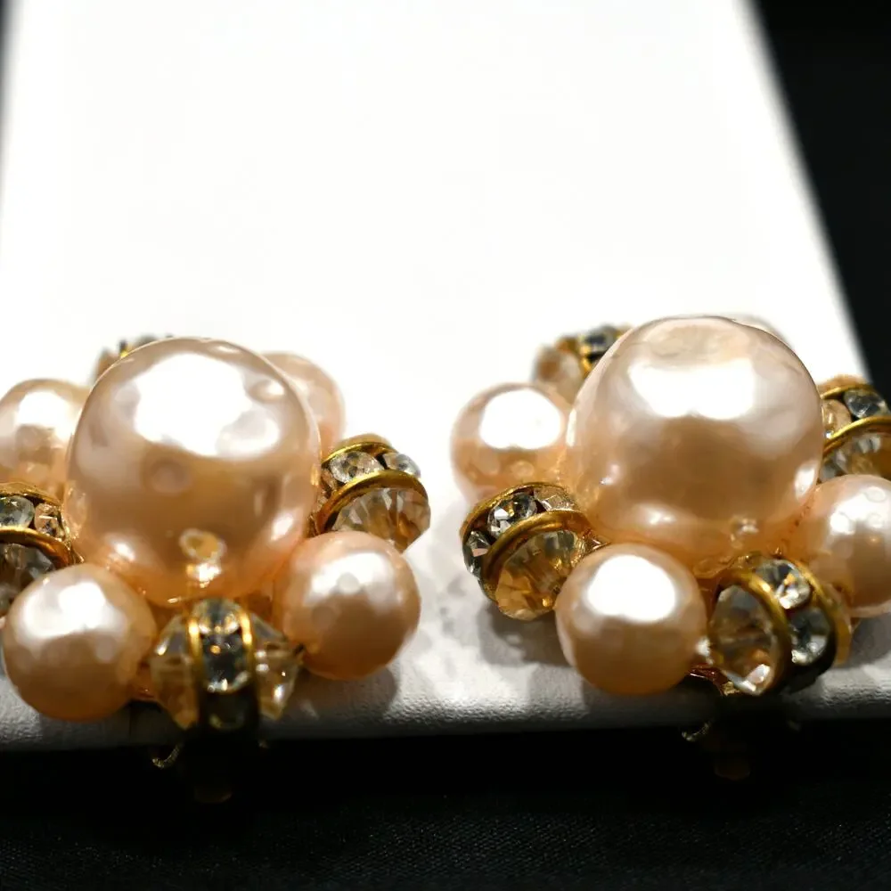 Vintage Lisner Pink Faux Pearl Rhinestone Earrings, Clip-On, Mid-Century, 1950s